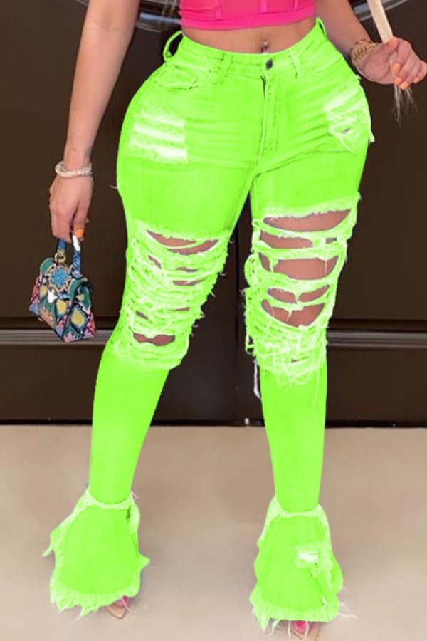 

Lovely Trendy Hollow-out Green Plus Size Jeans