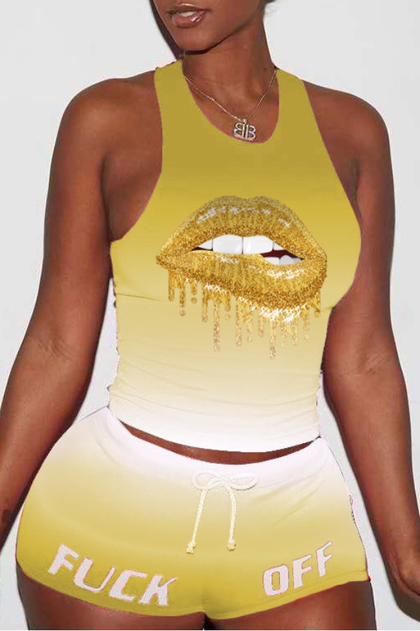 

Lovely Sportswear Lip Print Yellow Two-piece Shorts Set