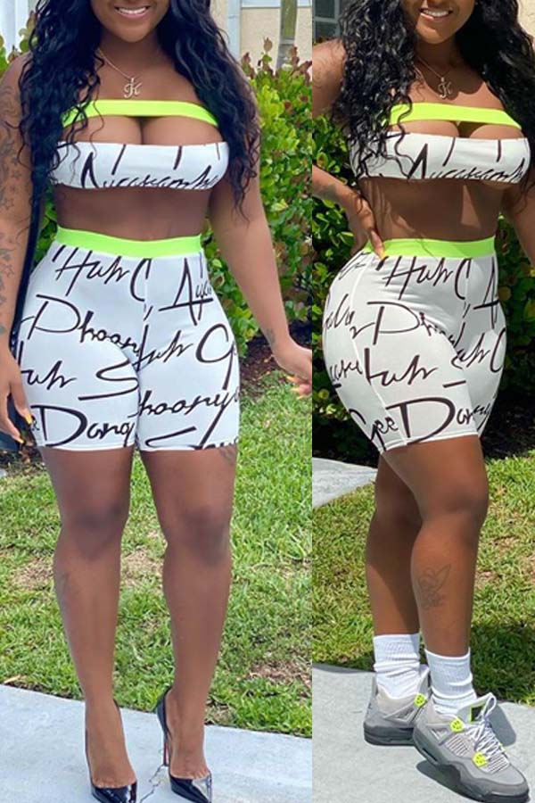 

lovely Sportswear Letter Print White Two-piece Shorts Set