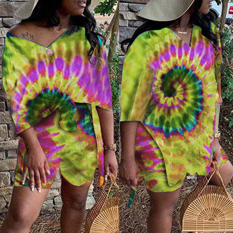 

lovely Casual Tie-dye Yellow Plus Size Two-piece Shorts Set