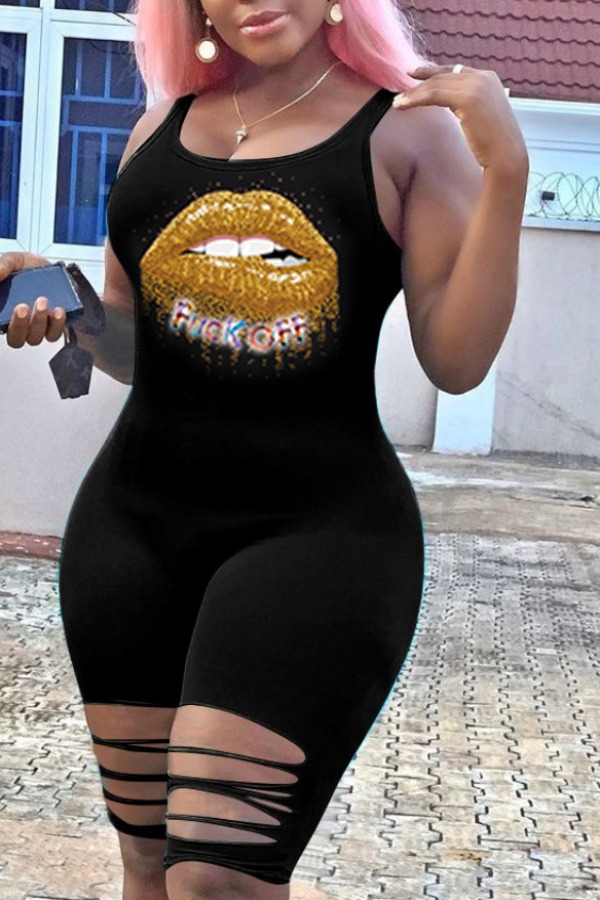 

lovely Stylish Lip Print Black One-piece Romper