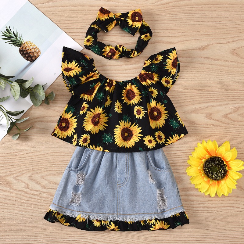 

lovely Sweet Floral Print Black Girl Two-piece Skirt Set