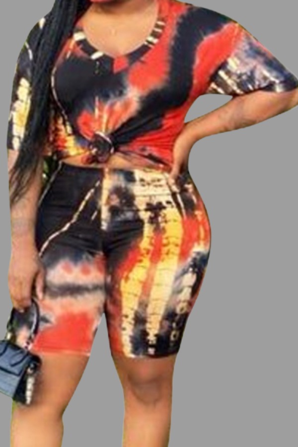 

LW Plus Size Leisure Tie-dye Black Two-piece Shorts Set
