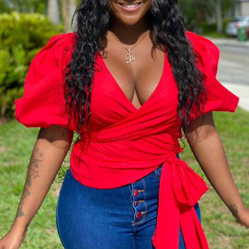 

lovely Stylish Lace-up Red Blouse