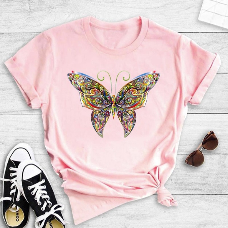 

lovely Casual O Neck Butterfly Print Pink T-shirt