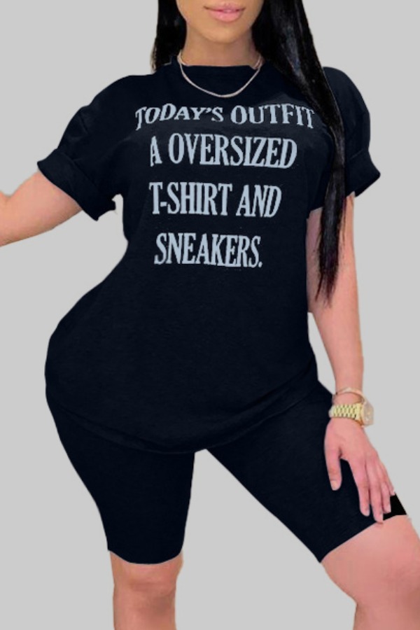 

Lovely Casual Letter Print Black Plus Size Two-piece Shorts Set