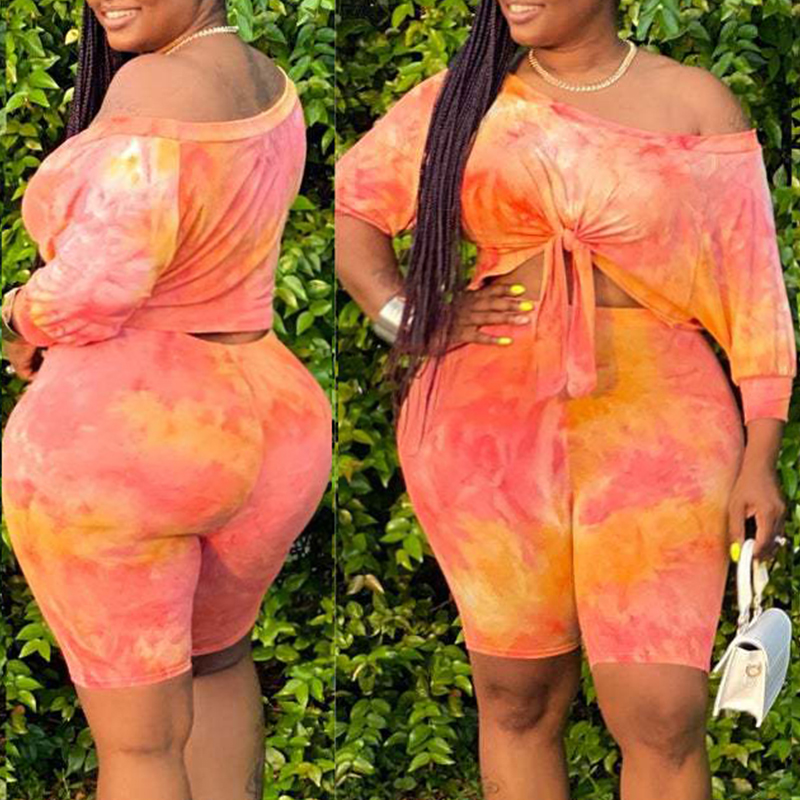 

Lovely Casual O Neck Tie-dye Croci Plus Size Two-piece Shorts Set