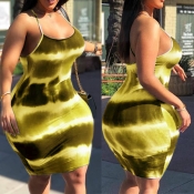 Lovely Casual Tie-dye Yellow Knee Length Plus Size