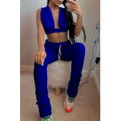 Lovely Sexy Lace-up Blue Two-piece Pants Set