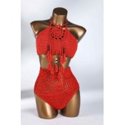 Lovely Tassel Design Red Two-piece Swimsuit