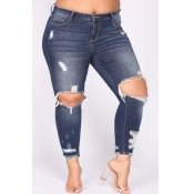 Lovely Trendy Hollow-out Deep Blue Plus Size Jeans