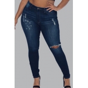 Lovely Stylish Hollow-out Navy Blue Plus Size Jean