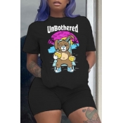 LW Cartoon Print Black Shorts Set