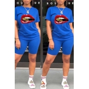 Lovely Leisure Lip Print Blue Two-piece Shorts Set