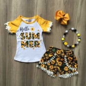 Lovely Casual Print Yellow Girl Two-piece Shorts S