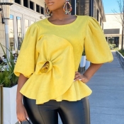 Lovely Trendy Fold Design Yellow Plus Size T-shirt