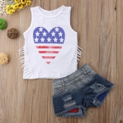 Lovely Casual Heart White Girl Two-piece Shorts Se