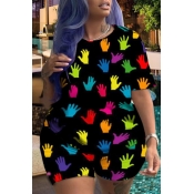 Lovely Casual Print Black Plus Size Two-piece Shor