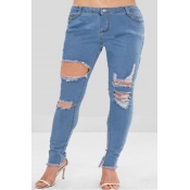Lovely Trendy Hollow-out Baby Blue Plus Size Jeans