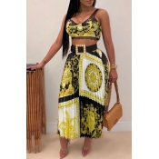 Lovely Casual Print Gold Two-piece Skirt Set