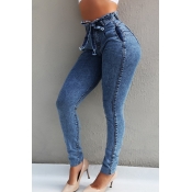 Lovely Stylish Lace-up Deep Blue Plus Size Jeans