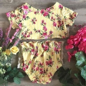 Lovely Sweet Floral Print Yellow Girl Two-piece Sh