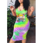 Lovely Casual U Neck Cartoon Print Green Knee Leng