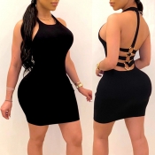 Lovely Sexy Backless Black Mini Dress