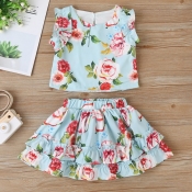 Lovely Stylish Print Baby Blue Girl Two-piece Skir