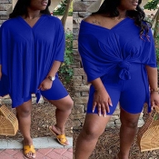 Lovely Leisure V Neck Basic Blue Plus Size Two-pie