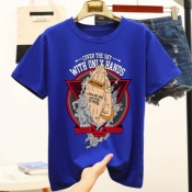 Lovely Casual O Neck Print Blue T-shirt