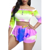 Lovely Bohemian Tie-dye Green Two-piece Shorts Set