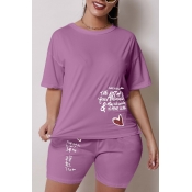 Lovely Leisure O Neck Letter Print Purple Two-piec