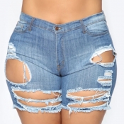 Lovely Casual Hollow-out Blue Plus Size Shorts