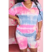 Lovely Casual Tie-dye Pink Plus Size Two-piece Sho