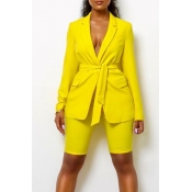 Lovely Stylish Lace-up Yellow Two-piece Shorts Set