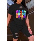Lovely Leisure O Neck Letter Print Black Two-piece