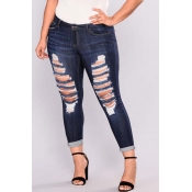 Lovely Casual Hollow-out Deep Blue Plus Size Jeans