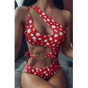 Lovely Floral Print Red One-piece Swimsuit