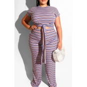 Lovely Casual Striped Lace-up Plus Size Two-piece 