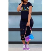 LW Leisure O Neck Letter Black Mid Calf Dress
