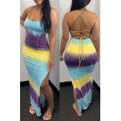 Lovely Sexy Tie-dye Backless Multicolor Ankle Leng