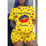 Lovely Leisure Lip Print Yellow Two-piece Shorts S