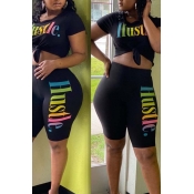 Lovely Leisure O Neck Letter Print Black Two-piece
