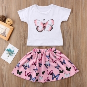 lovely Leisure Butterfly Print White Girl Two-piec