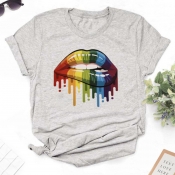 Lovely Casual O Neck Lip Print Grey T-shirt