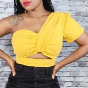Lovely Trendy One Shoulder Hollow-out Yellow Blous