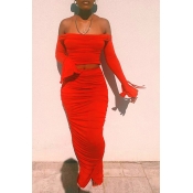 Lovely Stylish Fold Design Red Two-piece Skirt Set