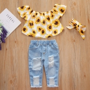 lovely Trendy Sunflower Print White Girl Two-piece