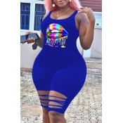 lovely Casual Lip Print Blue Plus Size&nbsp;One-piece R
